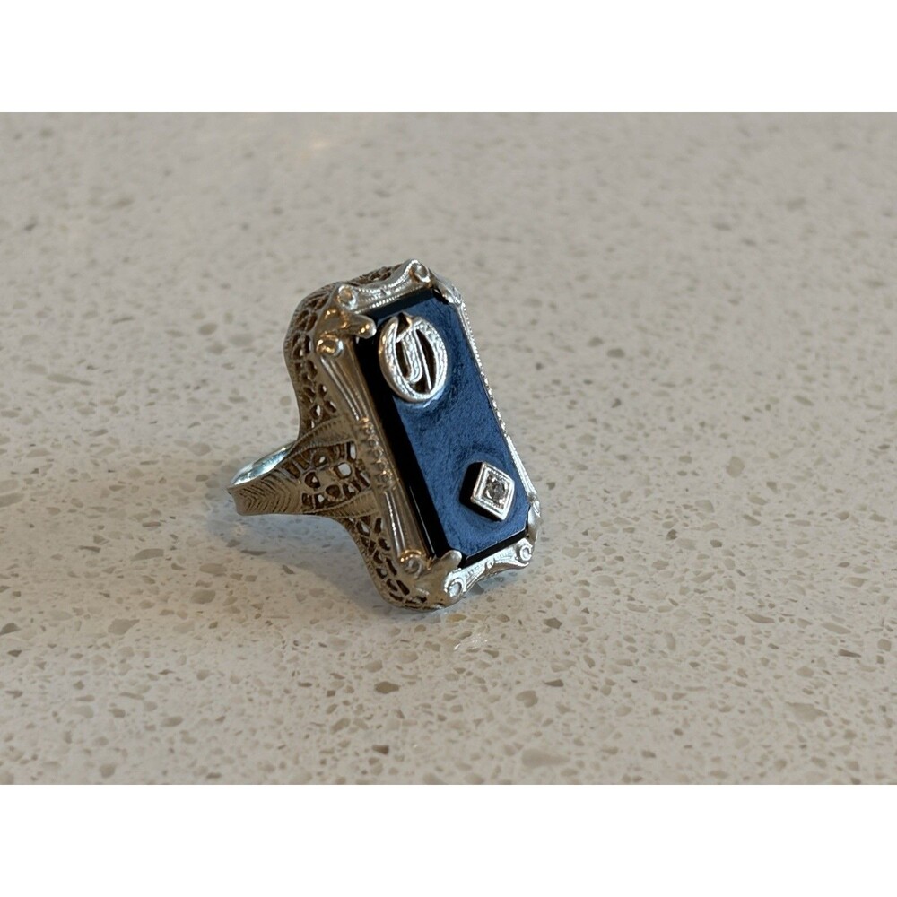 Antique Ladies 1926 Art Deco Filigree 14k White Gold Onyx Initial O Ring Sz 6